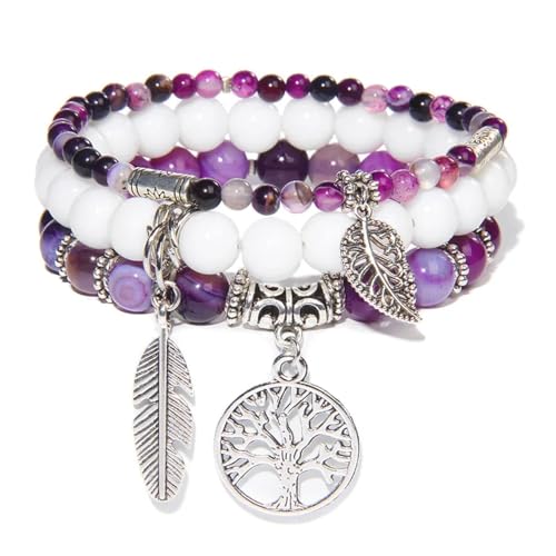 Good Armband, Armband, Schmuck, Damen Und Herren Lederschmuck Lotus Charm Armband Set Mehrschichtig Weiße Achate Blau Türkis Verkrustete Edelstein Perlen Stretch Armreif 13.Stripeagate von jtkhaweh