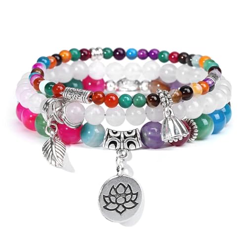 Good Armband, Armband, Schmuck, Damen Und Herren Lederschmuck Lotus Charm Armband Set Mehrschichtig Weiße Achate Blau Türkisen Verkrustete Edelstein Perlen Stretch Armreif 28.Stripeagate von jtkhaweh