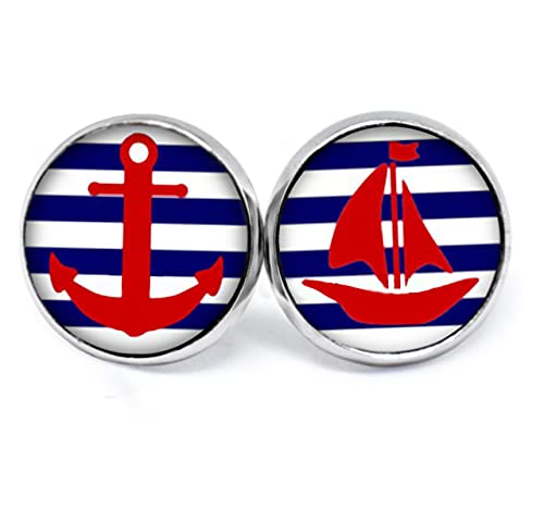 JUANLOWE Anker & Segelboot maritime Ohrringe, silberfarbene Ohrstecker aus Edelstahl (14 mm, Blau Weiß Rot) von juanlowe