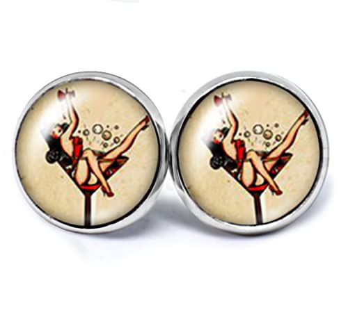 JUANLOWE Pin Up Girl in Martini-Glas Ohrstecker, Edelstahl in silber, Ohrringe Rockabilly Old School Tattoo Motiv von juanlowe