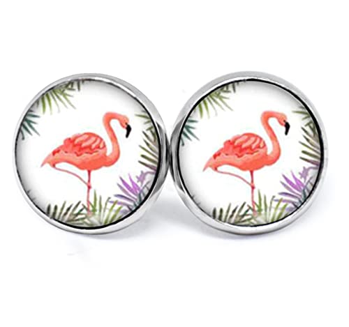 JUANLOWE Sommerliche Flamingo Ohrringe, Vogel Motiv, silberfarbene Ohrstecker aus Edelstahl mit Cabochon, Stecker von juanlowe