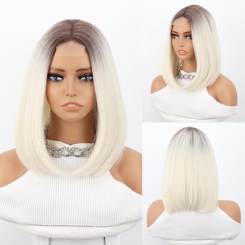 Perücke, Dreifarbige kurze Bob-Perücke mit Spitzenfront und hitzebeständigen Kunstfasern(Grayish white) von juanluck-s