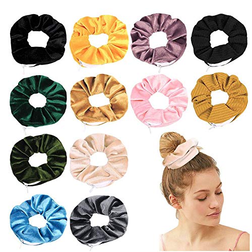 Bunte Scrunchies Samt Haargummi für Mädchen und Damen Velvet Haarbänder Haarschmuck mit versteckter Reißverschlusstasche von Juanxian