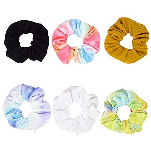 Bunte Scrunchies 6 Packs Samt Haargummi für Mädchen und Damen Velvet Haarbänder Haarschmuck mit versteckter Reißverschlusstasche von Juanxian