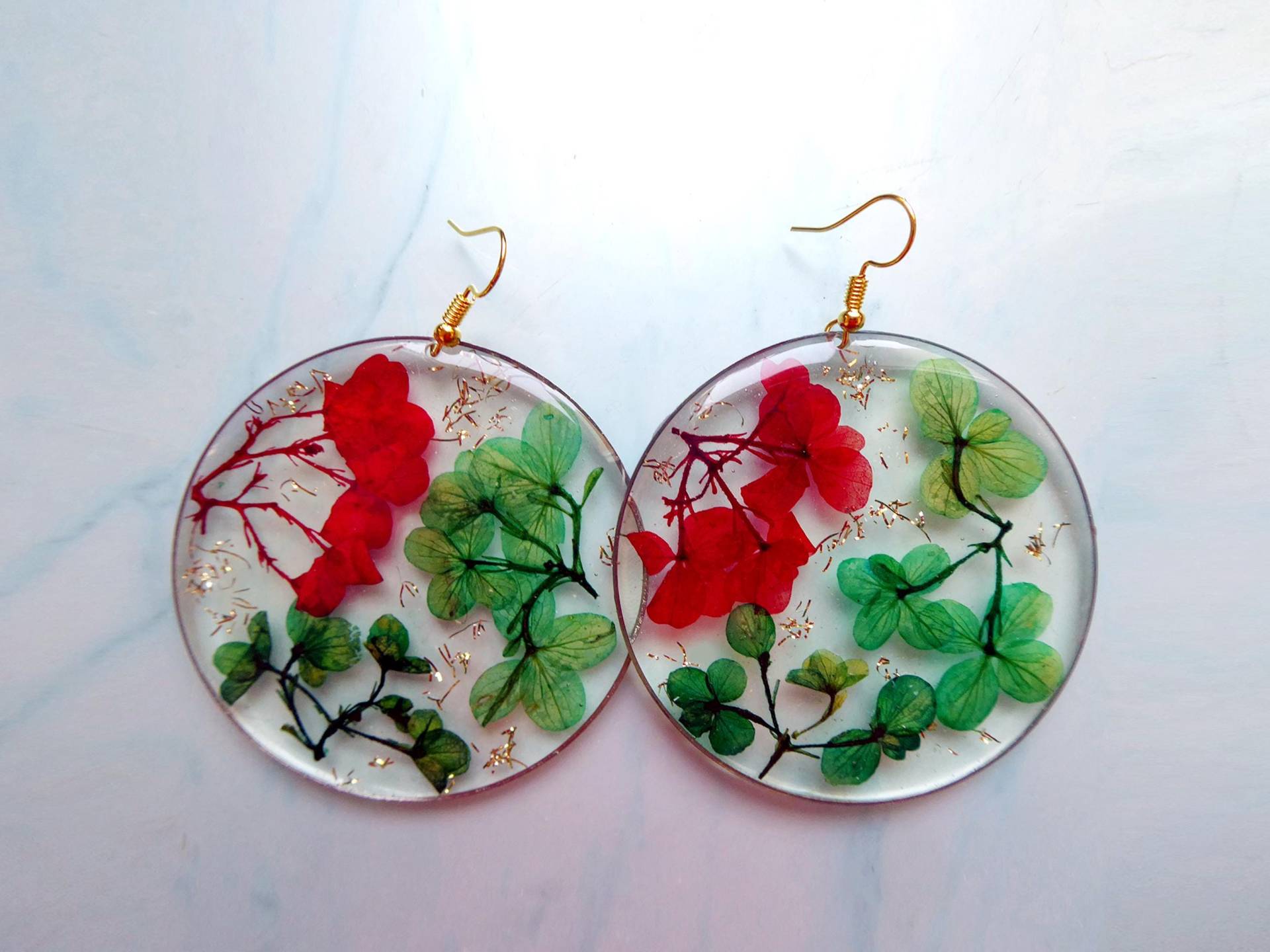 Rote Und Grüne Blumen Ohrringe 6 cm Gold von julialinjewelry