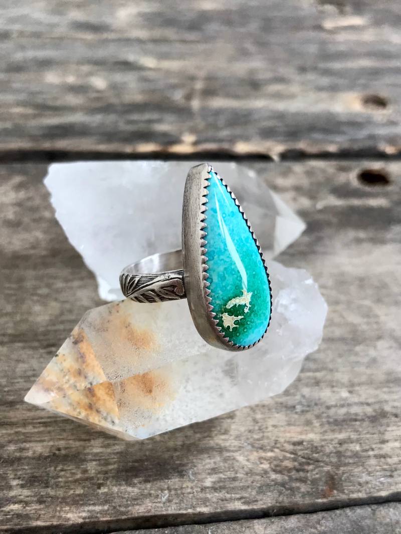 Handgemachter Türkis Statement Ring Silber 925 Sterling Floral Band, Größe 5, 5 von julianneblumlo