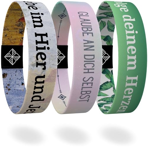 juma - glaubensband | Set Achtsamkeit - Verschiedene Größen | Energie- & Motivations-Armbänder, Aus Stoff, Inspirierende Glücksbringer für Kinder, Damen (L - 19 cm, 3er Set Achtsamkeit) von juma