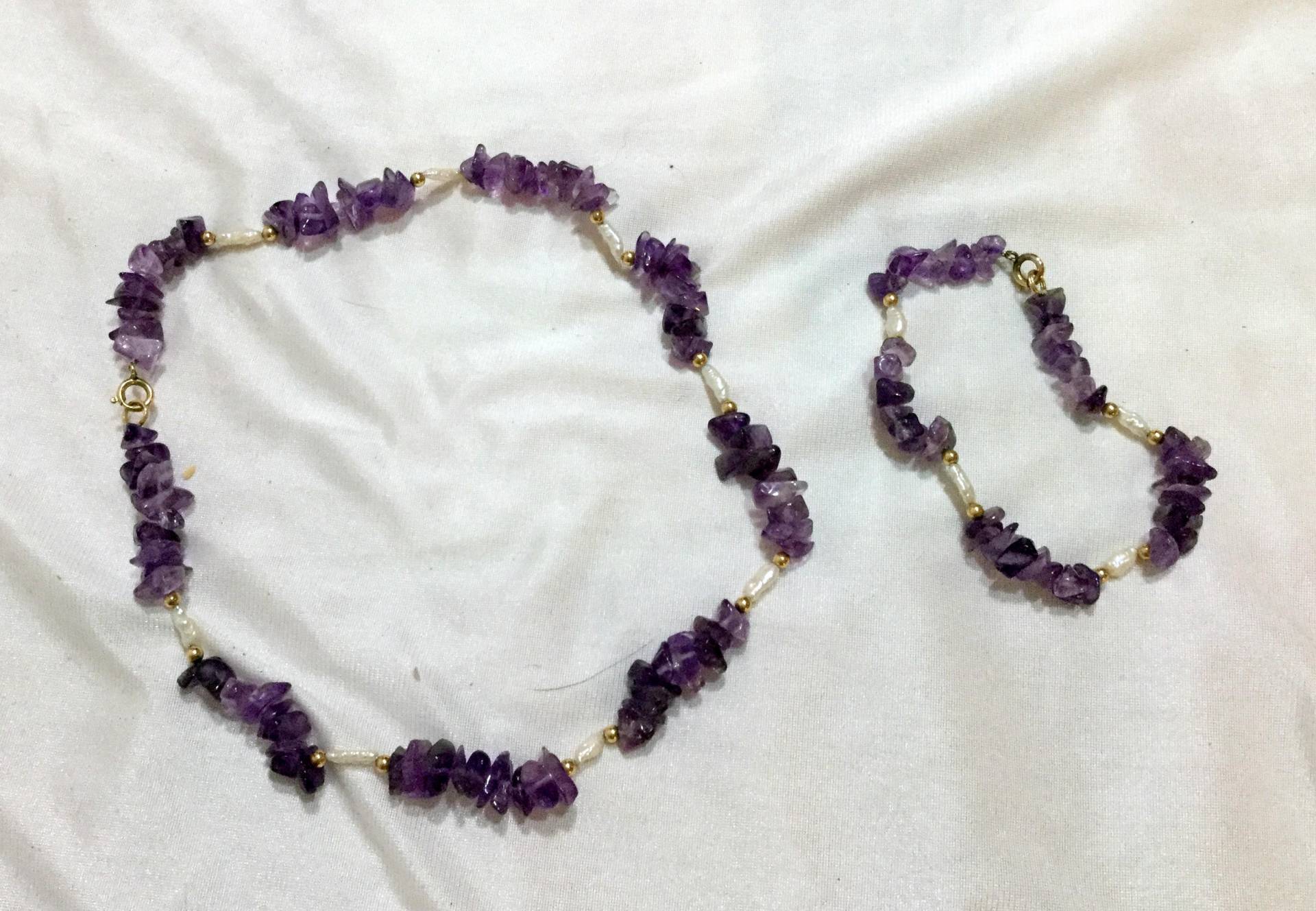Amethyst & Perlen Kette 16" Mit 8" Armband Im Set Vintage Amethyst & Perlen Kette 16" Mit 8" Armband Im Set Vintage von junkbay