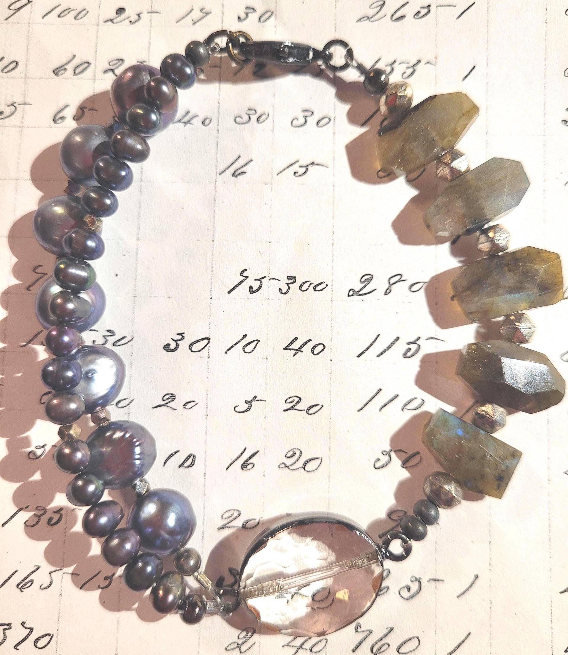 Silbergraues Perlen Und Labradorit Nugget Armband Mit Handgearbeitetem Glasverbinder. 20 cm Karabiner Silbergraues Perlen Und Labradorit Nugget Armband Mit Handgearbeitetem Glasverbinder. 20 cm Karabiner von junosgarden