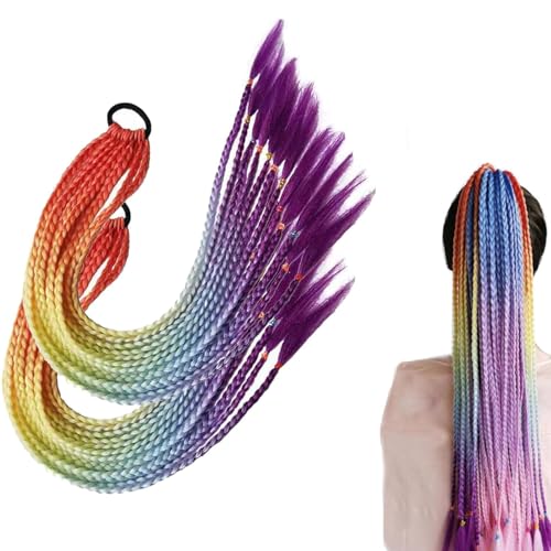 Jushion Braids Extensions, 2 Stück Bunte Haarsträhnen, Zopf extension Kunsthaar zum einflechten, Pferdeschwanz haarteil für Party Kinder und Frauen Festival Deko Geschenke von jushion