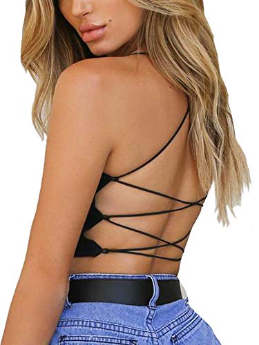 Just Quella Clubwear für Frauen Spaghettiträger Sexy rückenfrei Camisole Crop Tops, schwarz, Klein von just quella