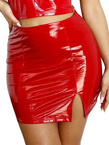 Just Quella Damen Klassischer Bleistiftrock aus Leder, hohe Taille, sexy, schmal - Rot - Klein von just quella