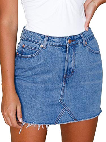 just quella Damen High Waist Jeansrock Fransen Slim Fit Denim Mini Rock - Blau - Klein von just quella