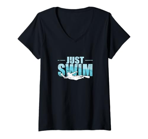 Damen Just Swim Retro-Schwimmer-Slogan T-Shirt mit V-Ausschnitt Damen Just Swim Retro-Schwimmer-Slogan T-Shirt mit V-Ausschnitt von just swim swimmer triathlon pool swimming