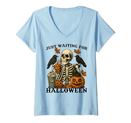 Damen Just Waiting for Halloween Skelett Coffee Jack Or Lantern T-Shirt mit V-Ausschnitt Damen Just Waiting for Halloween Skelett Coffee Jack Or Lantern T-Shirt mit V-Ausschnitt von just waiting for halloween shirt