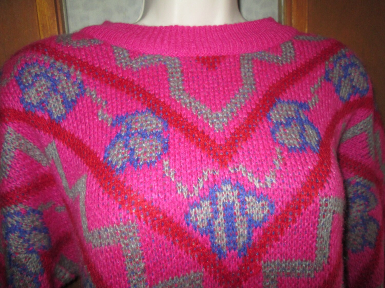 Chevron Rosen 80S Vintage Damen Pullover Neon Geometric Large 38 14 von justbelieve3