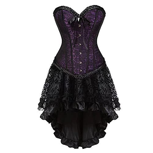 Jutrisujo Corsagenkleid vollbrust korsett corsagen Damen kleid elegant asymmetrisch rock spitze zum schnüren gothic Violett XL von Jutrisujo