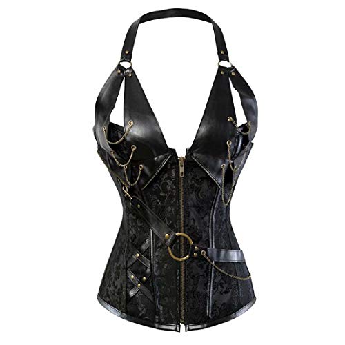 Jutrisujo Steampunk Korsett Damen Top Corsage mit Träger Leder Vintage Gothic Punk Korsage Piraten Schwarz S von Jutrisujo