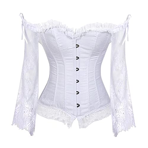 Jutrisujo Korsett Damen Corsage Corset Vollbrust Top Spitze Lange Ärmel Hochzeit Vintage Burlesque Weiß M von Jutrisujo