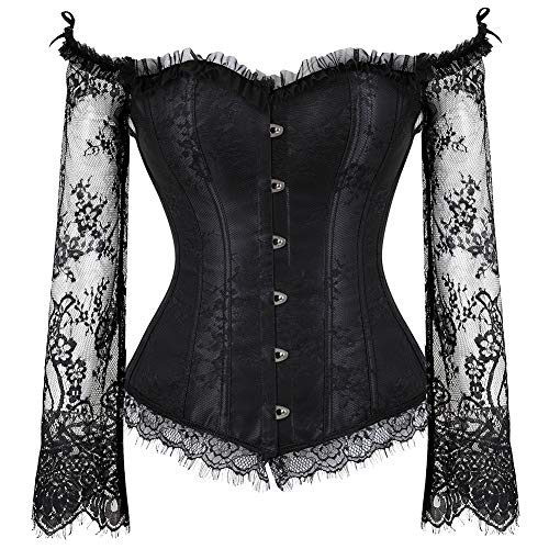 Jutrisujo Schwarz Korsett Damen Corsage Corset Korsage Vollbrust Top Spitze Lange Ärmel Vintage Burlesque M von Jutrisujo