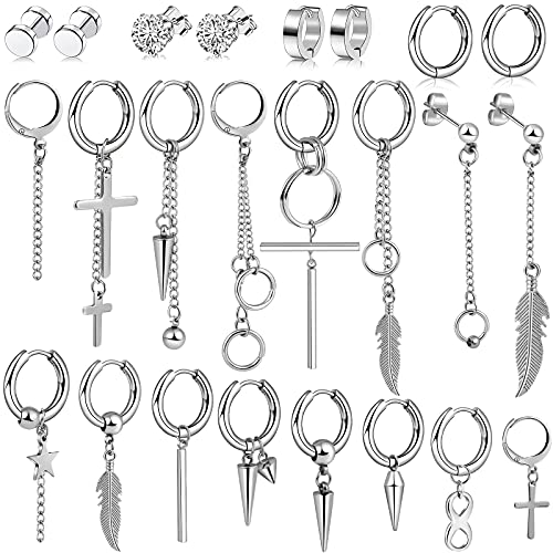 24 Stücke Herren Ohrringe Scharnier Creolen Baumeln Ohrringe Edelstahl Lange Kette Anhänger Ohrringe mit Feder Blatt Bar Tropfen Ohrringe Kreuz Scharnier Anhänger Ohrringe für Männer Frauen Edelstahl von jxzdle
