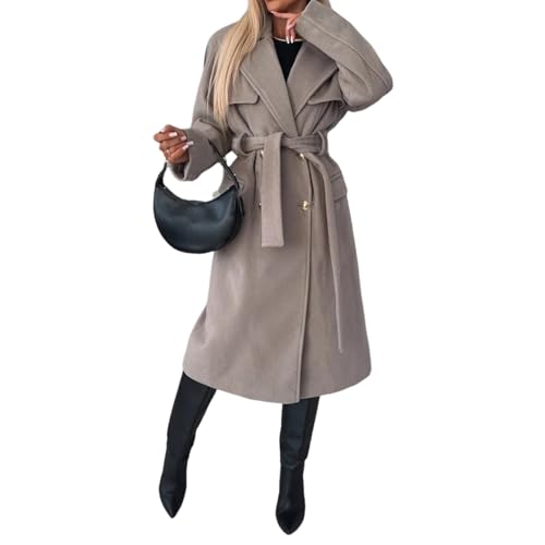 Eleganter Langer Mantel Mit Kragen, 2024 Wintermantel Mit Revers, Zweireihig, Dicke A-Linien-Peacoat-Jacke Mit Taschen, Zweireihiger Peacoat Mit Gürtel (Dunkelgrau,L) von jynuannuan