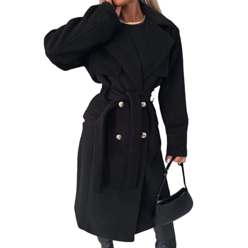 Eleganter Langer Mantel Mit Kragen, 2024 Wintermantel Mit Revers, Zweireihig, Dicke A-Linien-Peacoat-Jacke Mit Taschen, Zweireihiger Peacoat Mit Gürtel (Schwarz,S) von jynuannuan