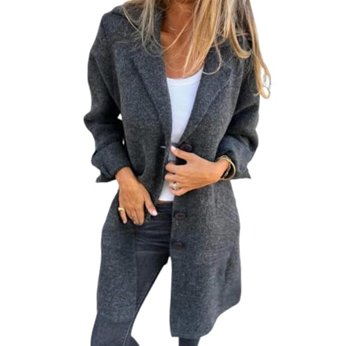 Langer, Einreihiger Mantel Mit Revers, Einfarbiger Cardigan, Mittellanger Mantel, Lässiger Winter-Trenchcoat Aus Wollmischung Mit Knopfleiste Und Taschen (Grau,S) von jynuannuan