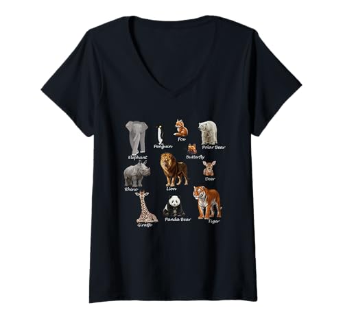 Damen Tiere Löwe Tiger Panda Eisbär Pinguin Tierfreund Biologe T-Shirt mit V-Ausschnitt Damen Tiere Löwe Tiger Panda Eisbär Pinguin Tierfreund Biologe T-Shirt mit V-Ausschnitt von jz.birds Animals Wildlife