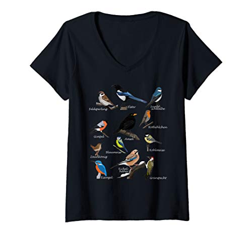 Damen Gartenvögel Vogel Zeichnung Amsel Blaumeise Rotkehlchen T-Shirt mit V-Ausschnitt von jz.birds