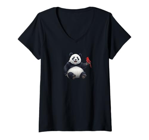 Damen Panda mit Rotkardinal Vogel Singvogel Biologe Tier T-Shirt mit V-Ausschnitt Damen Panda mit Rotkardinal Vogel Singvogel Biologe Tier T-Shirt mit V-Ausschnitt von jz.birds