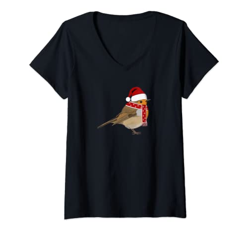 Damen Rotkehlchen Weihnachten Vogel Weihnachtsmann Gartenvogel T-Shirt mit V-Ausschnitt von jz.birds