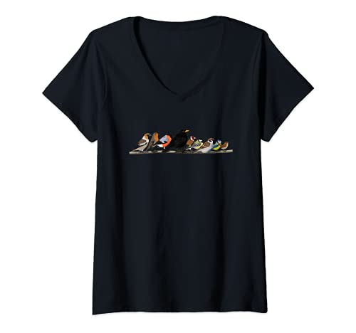 Damen Vogelmotiv Vögel kuscheln auf einem Ast Amsel Rotkehlchen T-Shirt mit V-Ausschnitt von jz.birds