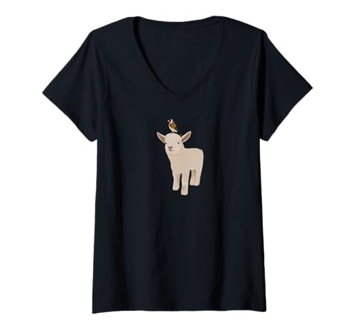 Damen Ziege Zicklein Lamm mit Stieglitz Vogel Singvogel Biologe T-Shirt mit V-Ausschnitt Damen Ziege Zicklein Lamm mit Stieglitz Vogel Singvogel Biologe T-Shirt mit V-Ausschnitt von jz.birds