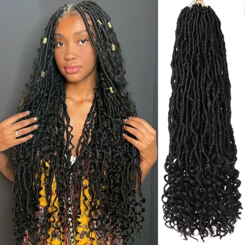 Kachanaa 61 cm lange synthetische böhmische Locs Häkelhaar für Damen, vorgeschlitzt, schwarz, weiche Locs mit lockigen Enden, 7 Packungen von kachanaa