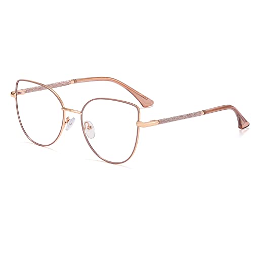 kachawoo Anit Blaue Licht Brillen Große Katzenauge Metall Glitter Rahmen Computerbrille für Dame Junge Eyewears mit Blaue Ray Linse (khaki gold frame) von kachawoo