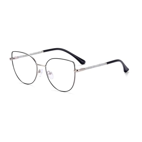 kachawoo Anit Blaue Licht Brillen Große Katzenauge Metall Glitter Rahmen Computerbrille für Dame Junge Eyewears mit Blaue Ray Linse (silver black frame) von kachawoo