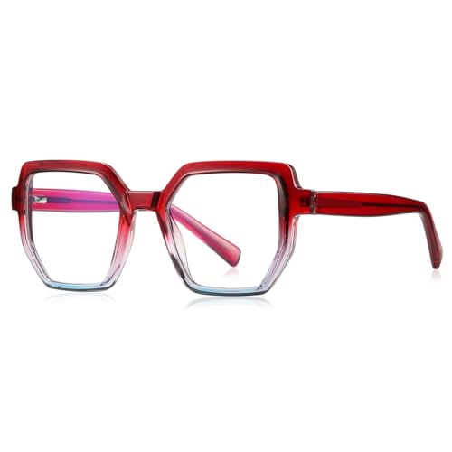 kachawoo Anti Blue Light Gläser Männer Frauen Big Frame Brillen TR90 Hexagonal Square Gläser Rahmen (red pink frame) von kachawoo