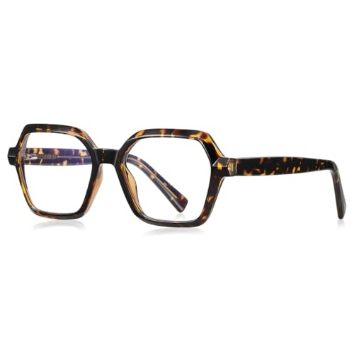 kachawoo Blaues Licht Filter Gläser ohne Rezept TR90 Quadratische Gläser Rahmen Frauen Große Brillen Hexagon (leopard with clear) von kachawoo