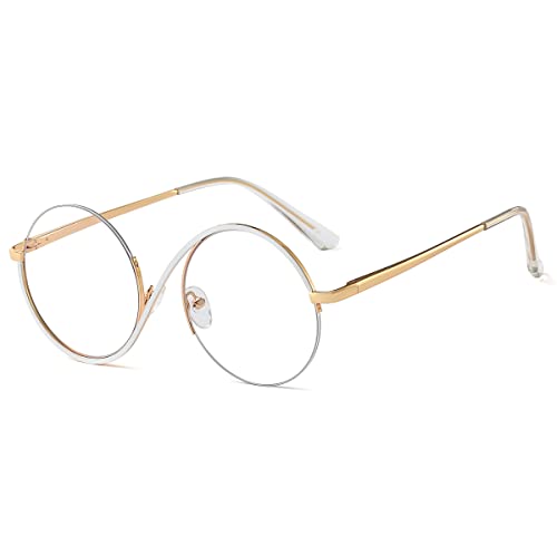 kachawoo Halber Rahmen Anti Blaulicht Brillen Weibliche Vintage Metall Brillen Optische Runde Gläser Rahmen Frauen (white gold frame) von kachawoo