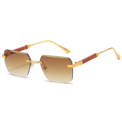 kachawoo Holz-ähnliche Beine Sonnenbrille Randlose rahmenlose Sonnenschirme Metall Quadrat Sonnenbrille für Männer Frauen Eyewear UV400 Linse (gold with brown) von kachawoo