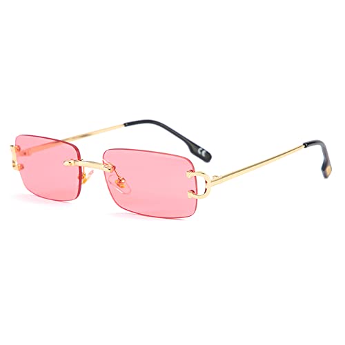 kachawoo Kleine Retro-Sonnenbrille, rechteckig, randlos, Vintage, männlich, weiblich, Sonnenbrille, UV400, rahmenlose Geburtstagsgeschenke für Mädchen (gold with pink) von kachawoo