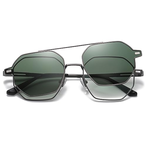 kachawoo Magnetische Gläser Polarisierte Clip-on Sonnenbrille für Männer Frauen UV400 Metall Polygon Brillen Mode (gun with green) von kachawoo