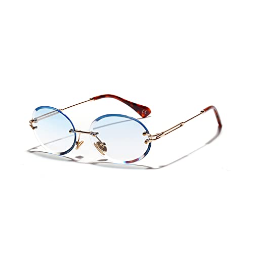 kachawoo Ovale randlose Sonnenbrille Kleine Mode Sonnenbrille für Frauen Mädchen Rahmenlose Runde Brillen mit Metall Gold Beine (blue lens) von kachawoo