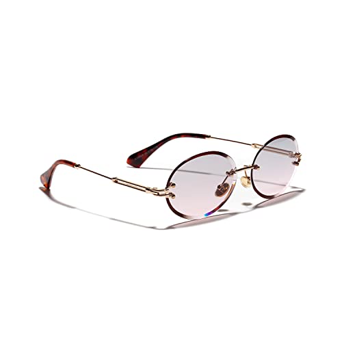 kachawoo Ovale randlose Sonnenbrille Kleine Mode Sonnenbrille für Frauen Mädchen Rahmenlose Runde Brillen mit Metall Gold Beine (grey pink lens) von kachawoo