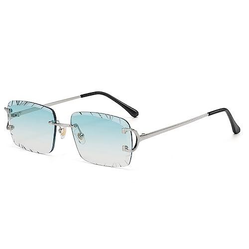 kachawoo Rahmenlose Rechteck Sonnenbrille Randlose Sonnenbrille mit gravierten Kanten Braun Blau Grau Sonnenschirme Unisex (silver with green) von kachawoo