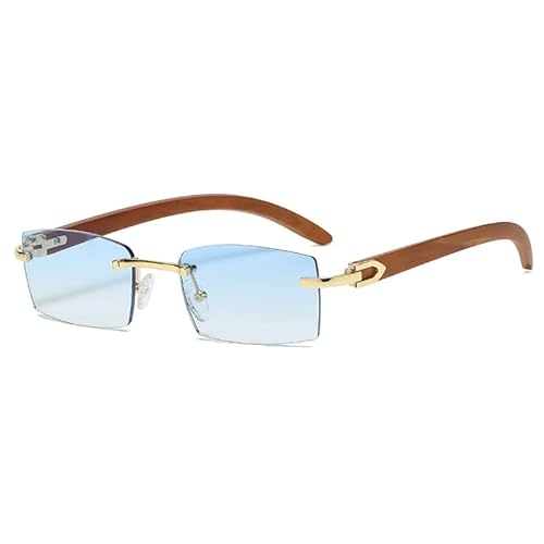 kachawoo Rahmenlose Sonnenbrille Randlose Damenmode Sonnenbrille mit Holzimitat Beinen Blau Grün Uv400 Linse Rechteck Sonnenschutz Herren (blue lens) von kachawoo