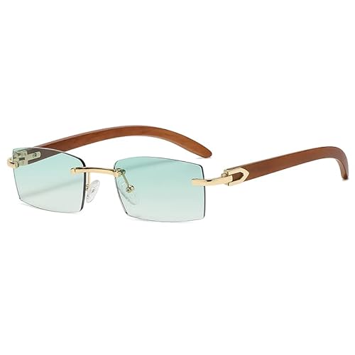 kachawoo Rahmenlose Sonnenbrille Randlose Damenmode Sonnenbrille mit Holzimitat Beinen Blau Grün Uv400 Linse Rechteck Sonnenschutz Herren (green lens) von kachawoo