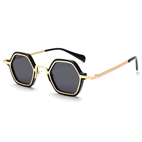 kachawoo Retro Polarisierte Sonnenbrille Männer Frauen Polygon Punk Sonnenbrille Vintage Brillen Metall Hexagon Brillen (black gold frame) von kachawoo