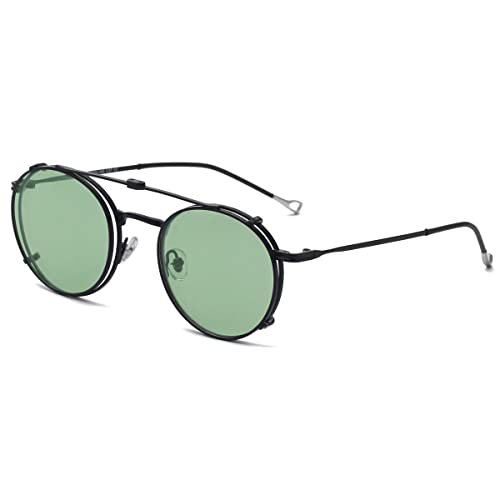 kachawoo Runde polarisierte Sonnenbrille Männer UV400 Linse Clip auf Sonnenbrille Frauen Metallrahmen Flip Up Brillen (black with green) von kachawoo